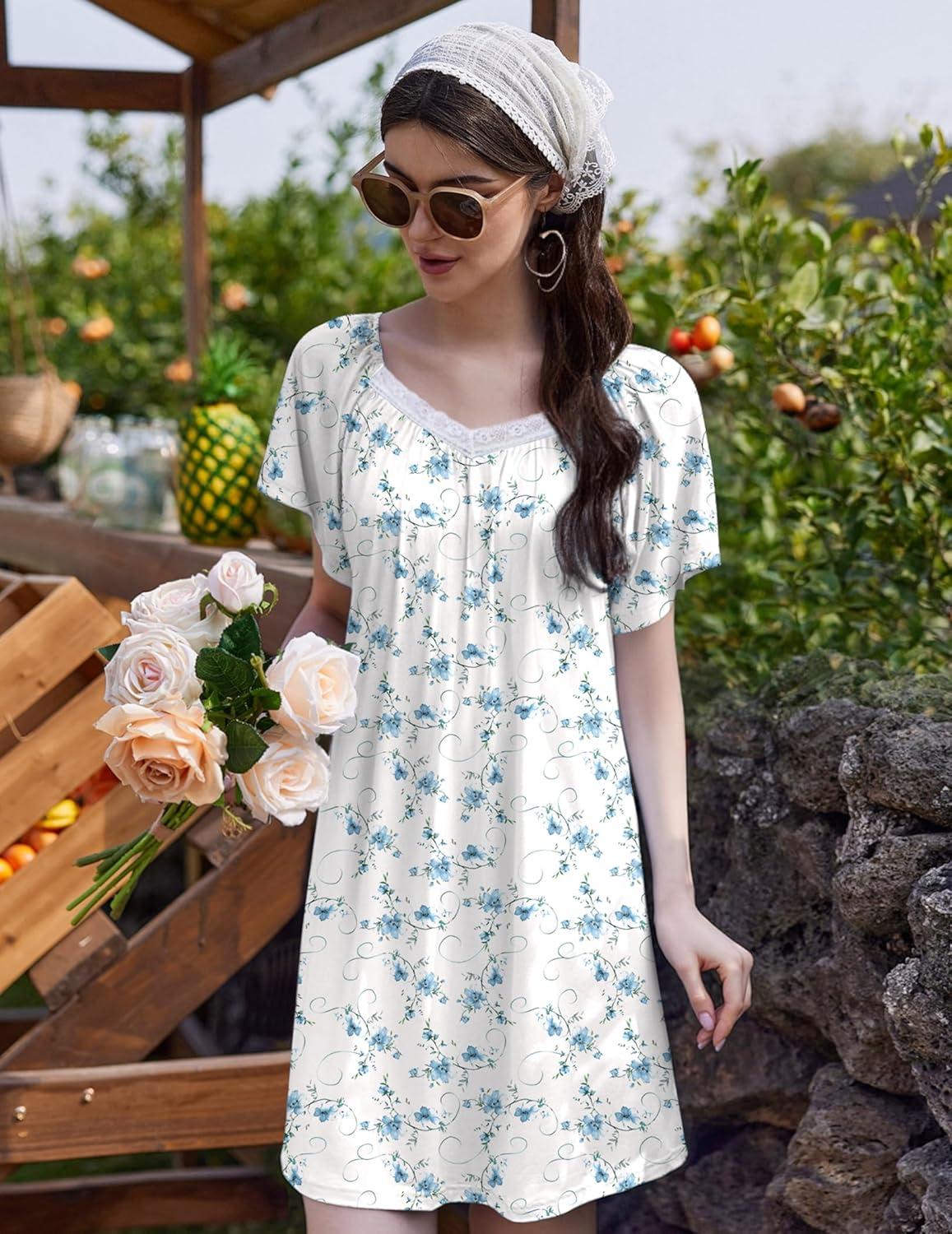 imageEkouaer Womens Nightgown Lace Trim V Neck Sleep Shirt Flare Short Sleeve Night Gown Pleated Nightshirt Ladies NightdressWhite Blue Floral