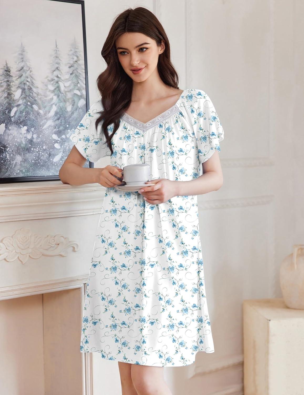 imageEkouaer Womens Nightgown Lace Trim V Neck Sleep Shirt Flare Short Sleeve Night Gown Pleated Nightshirt Ladies NightdressWhite Blue Floral