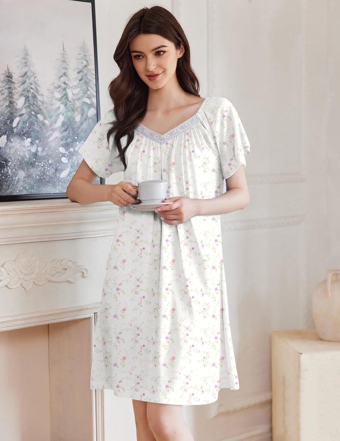 imageEkouaer Womens Nightgown Lace Trim V Neck Sleep Shirt Flare Short Sleeve Night Gown Pleated Nightshirt Ladies NightdressWhite Pink Flower
