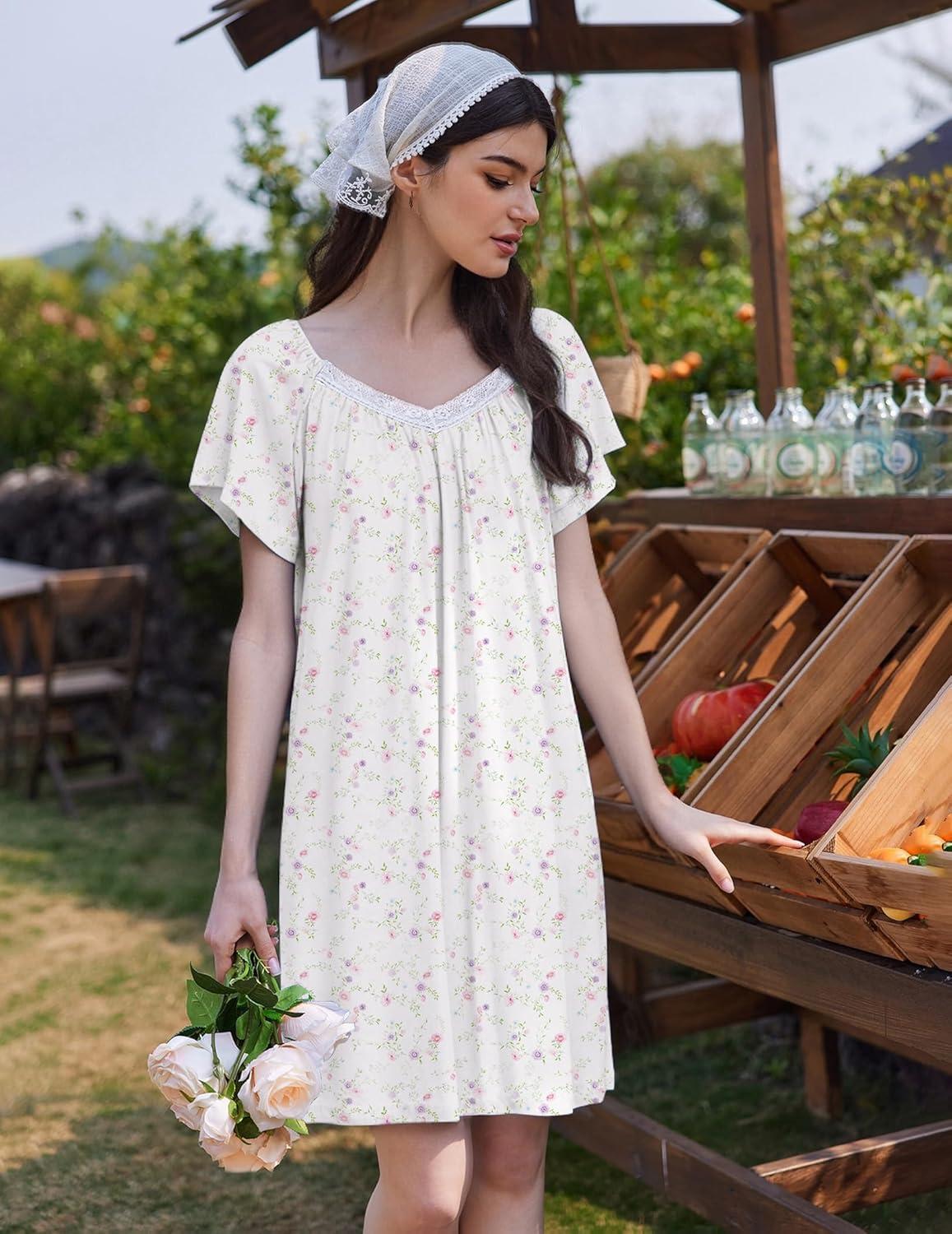 imageEkouaer Womens Nightgown Lace Trim V Neck Sleep Shirt Flare Short Sleeve Night Gown Pleated Nightshirt Ladies NightdressWhite Pink Flower
