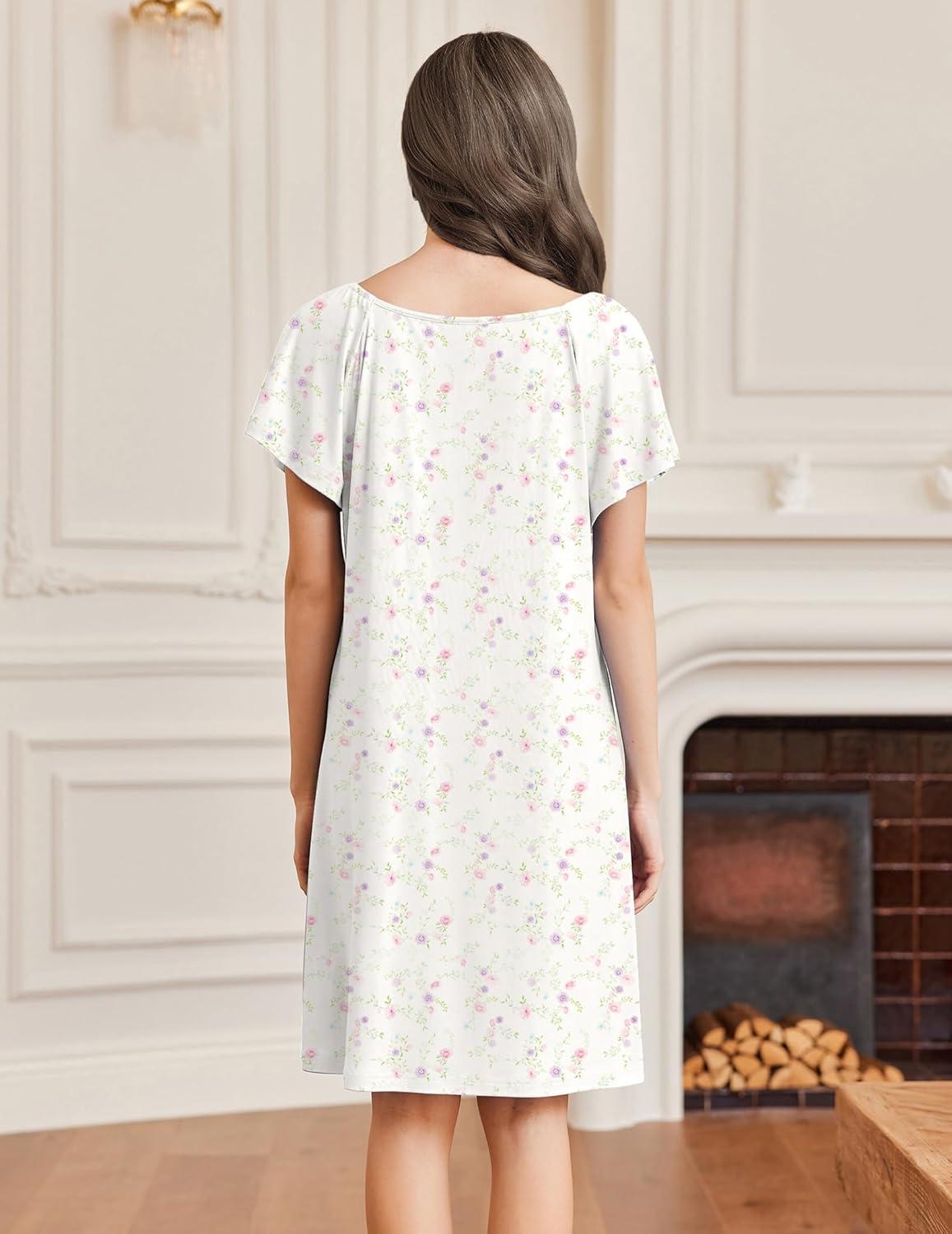 imageEkouaer Womens Nightgown Lace Trim V Neck Sleep Shirt Flare Short Sleeve Night Gown Pleated Nightshirt Ladies NightdressWhite Pink Flower