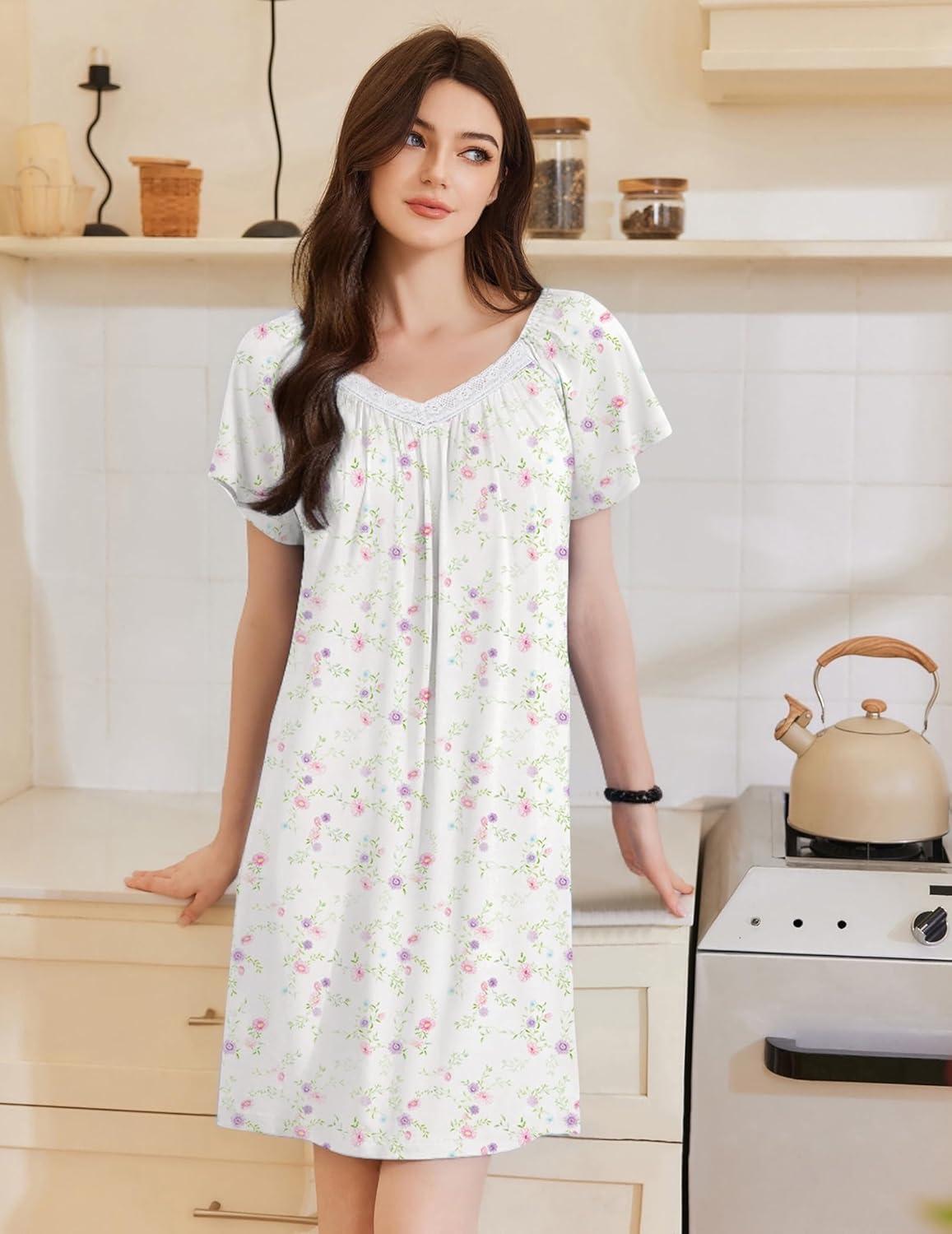 imageEkouaer Womens Nightgown Lace Trim V Neck Sleep Shirt Flare Short Sleeve Night Gown Pleated Nightshirt Ladies NightdressWhite Pink Flower