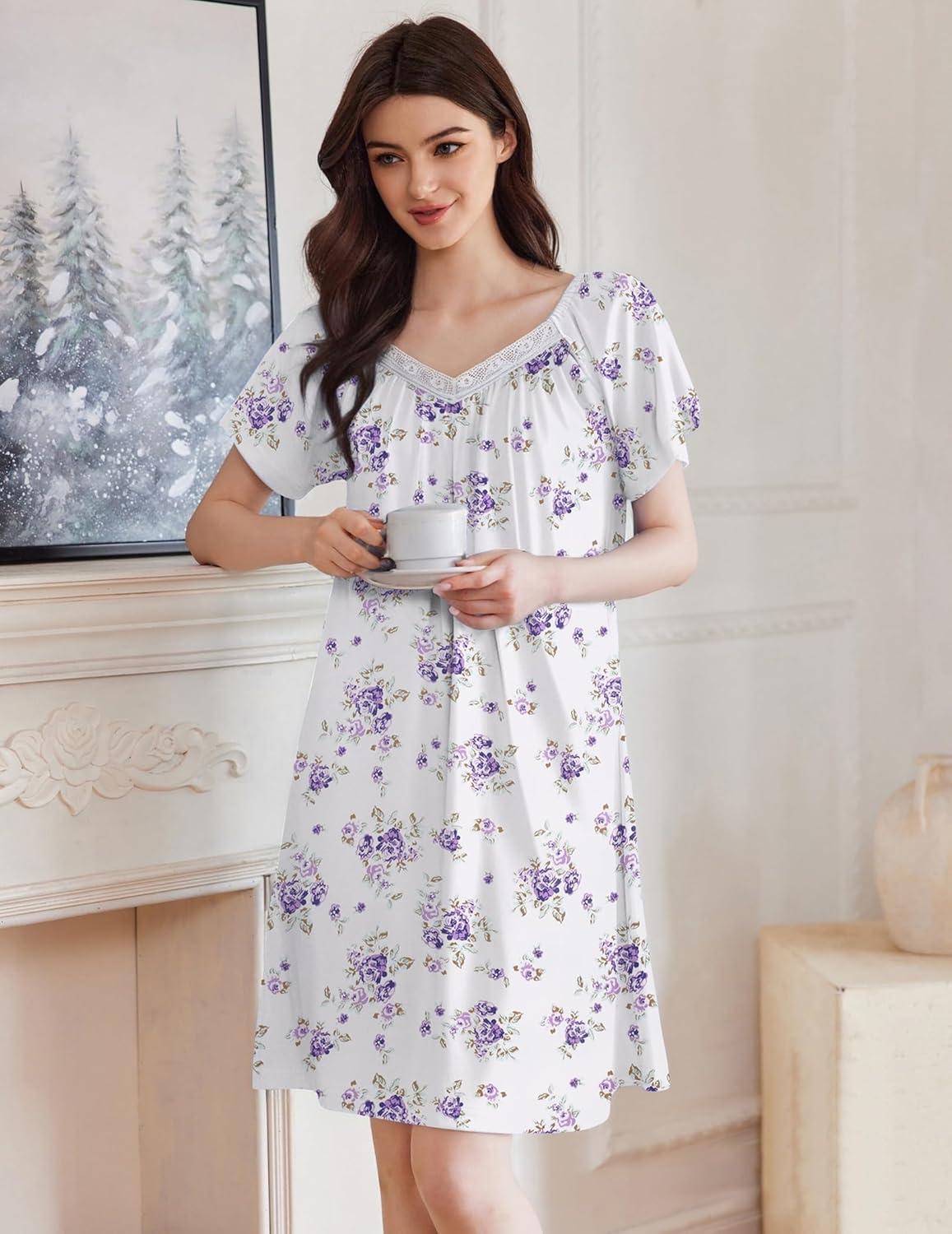 imageEkouaer Womens Nightgown Lace Trim V Neck Sleep Shirt Flare Short Sleeve Night Gown Pleated Nightshirt Ladies NightdressWhite Purple Flower