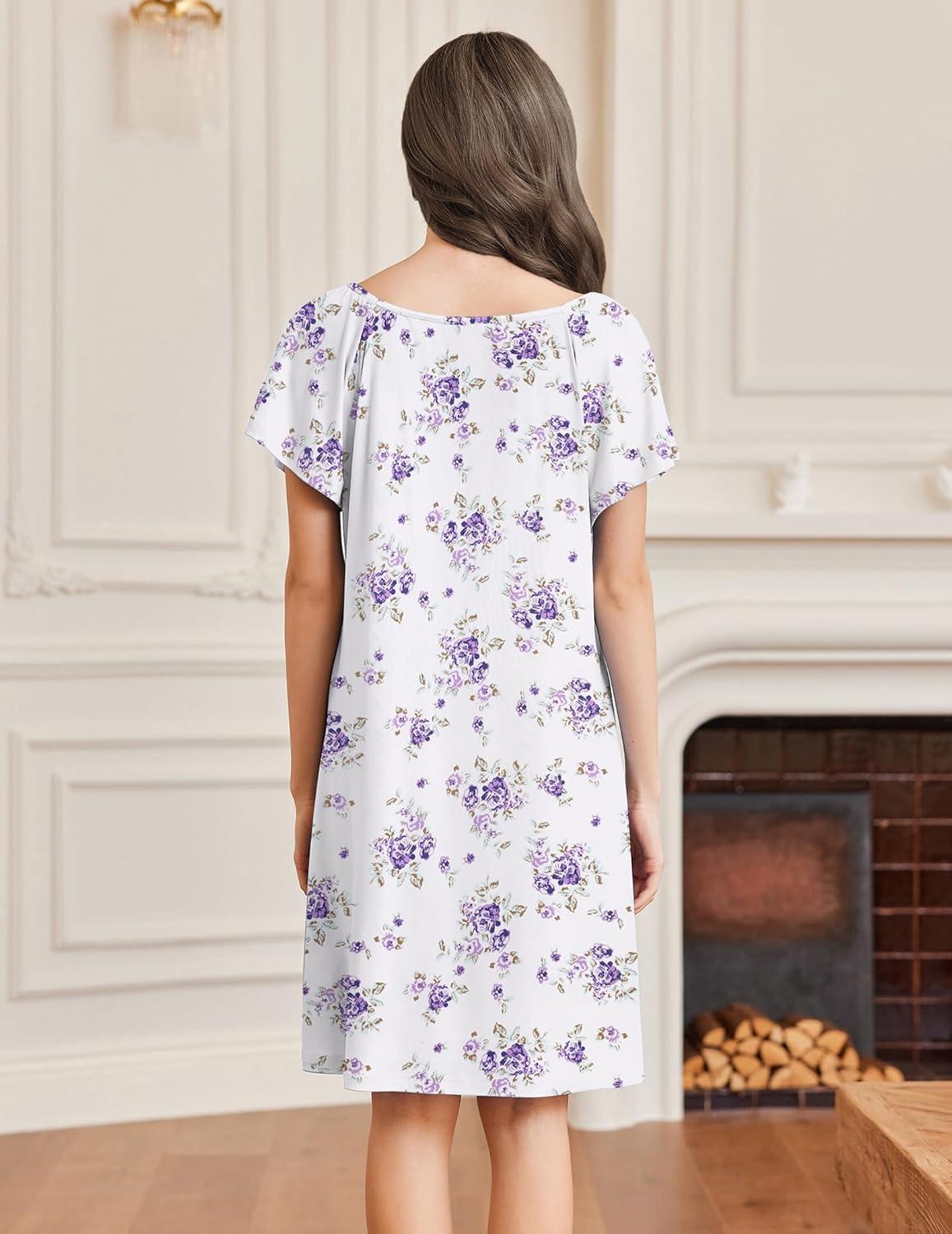 imageEkouaer Womens Nightgown Lace Trim V Neck Sleep Shirt Flare Short Sleeve Night Gown Pleated Nightshirt Ladies NightdressWhite Purple Flower