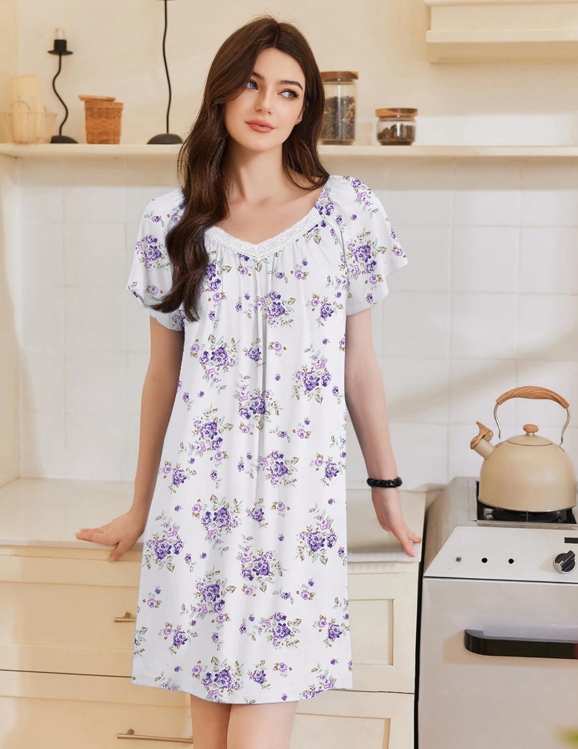 imageEkouaer Womens Nightgown Lace Trim V Neck Sleep Shirt Flare Short Sleeve Night Gown Pleated Nightshirt Ladies NightdressWhite Purple Flower