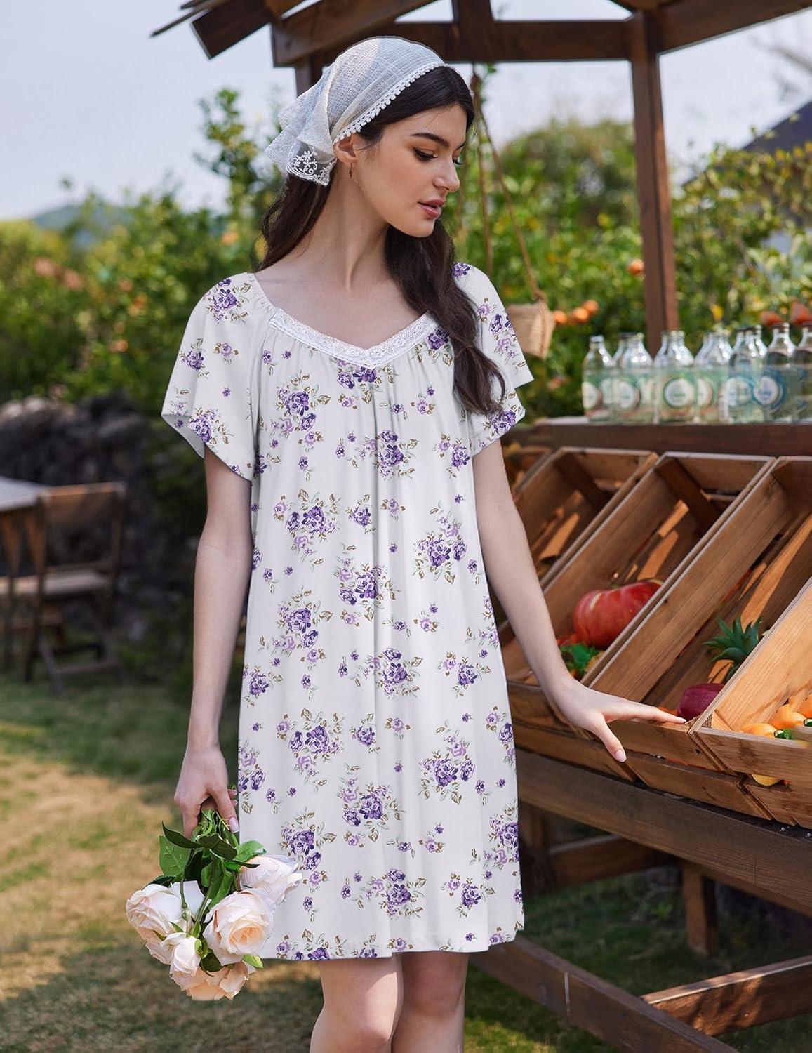 imageEkouaer Womens Nightgown Lace Trim V Neck Sleep Shirt Flare Short Sleeve Night Gown Pleated Nightshirt Ladies NightdressWhite Purple Flower