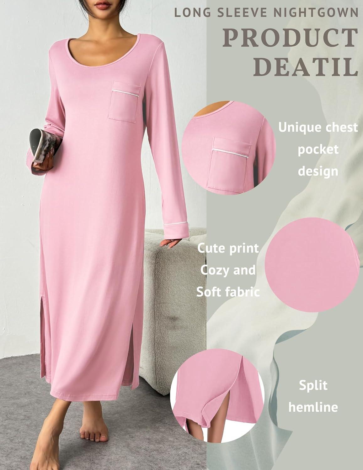 imageEkouaer Womens Nightgown Long Sleeve Nightgowns for Woman Sleep Dress Night Shirt Soft Full Length Sleepwear SXXLPink