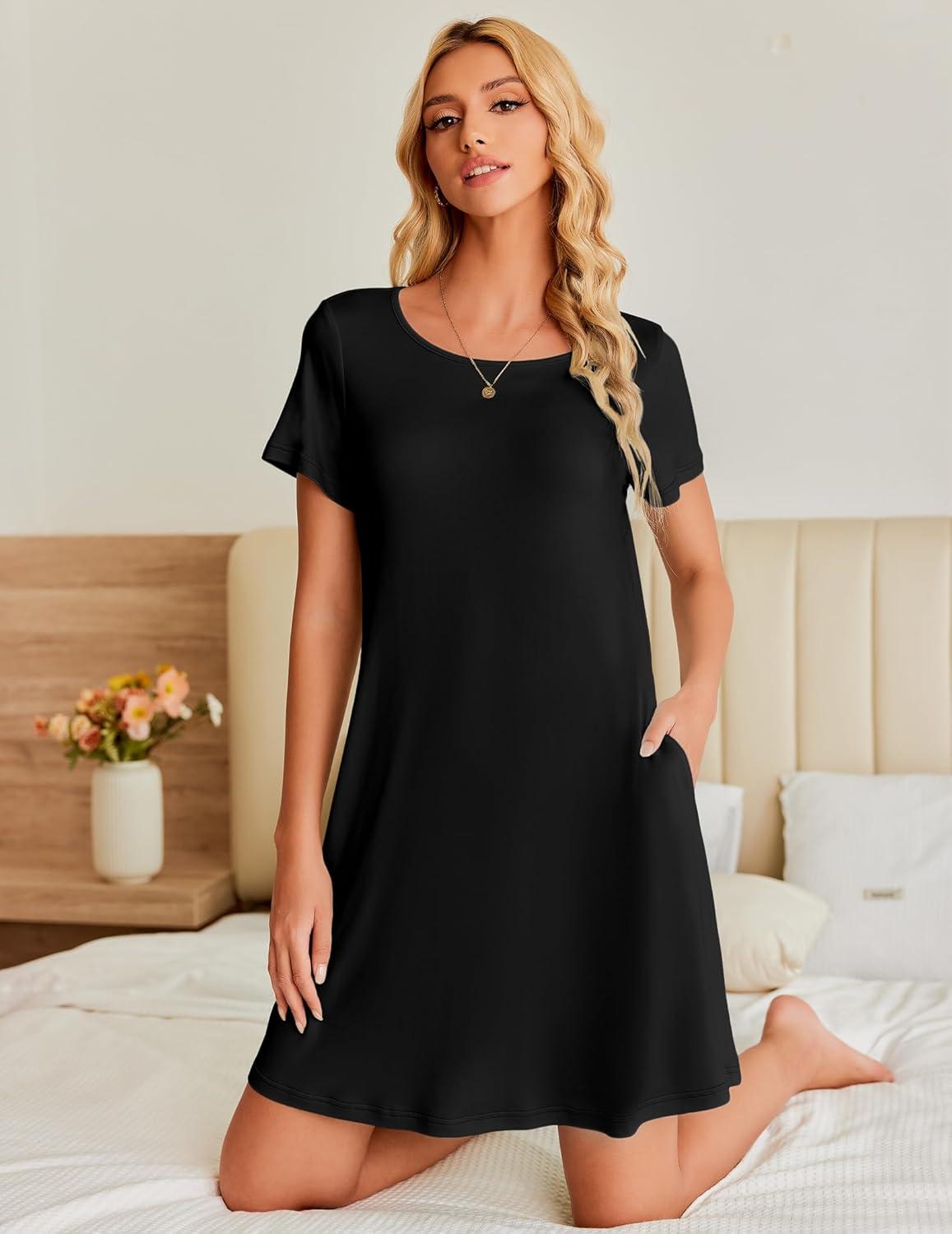 imageEkouaer Womens Nightgown Short Sleeve Sleep Shirt Round Neck Tshirt Dress Soft Nightdress with 2 Pockets S3XLBlack