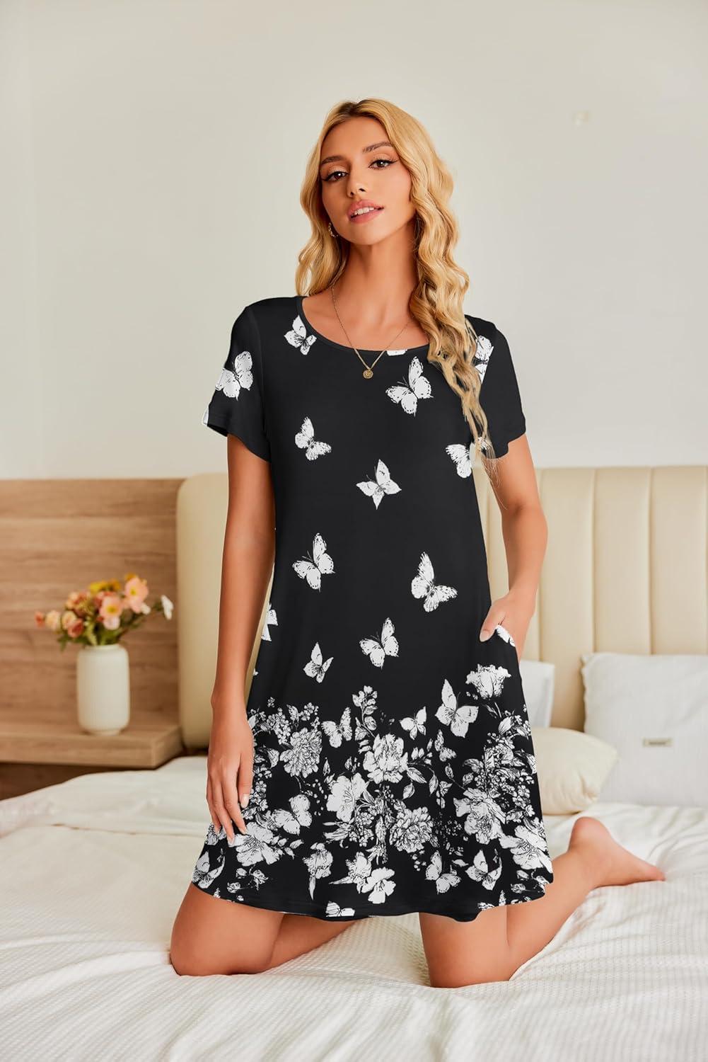 imageEkouaer Womens Nightgown Short Sleeve Sleep Shirt Round Neck Tshirt Dress Soft Nightdress with 2 Pockets S3XLBlack White Butterfly
