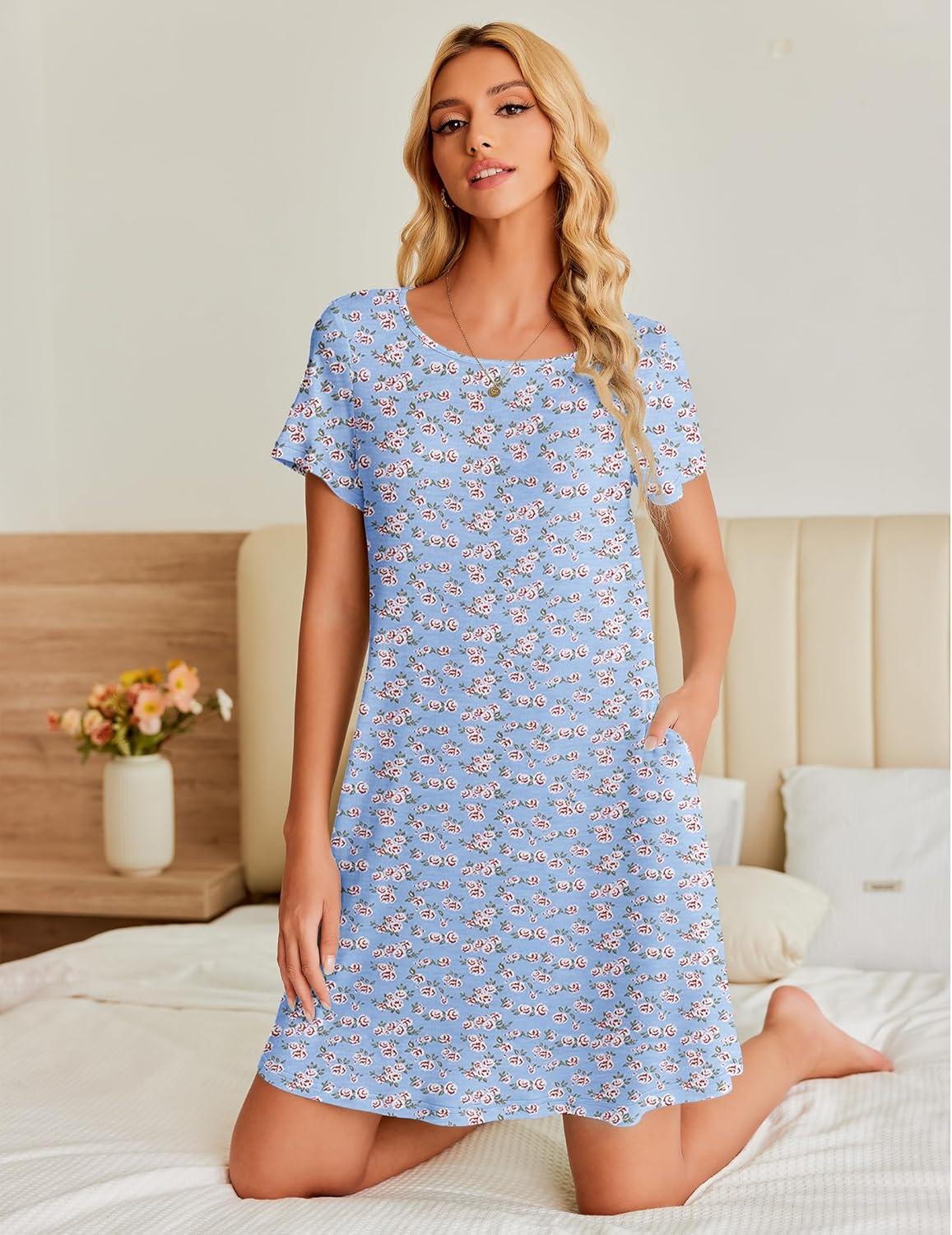 imageEkouaer Womens Nightgown Short Sleeve Sleep Shirt Round Neck Tshirt Dress Soft Nightdress with 2 Pockets S3XLBlue Little Flower