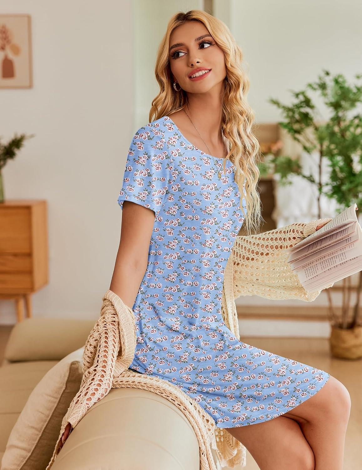 imageEkouaer Womens Nightgown Short Sleeve Sleep Shirt Round Neck Tshirt Dress Soft Nightdress with 2 Pockets S3XLBlue Little Flower