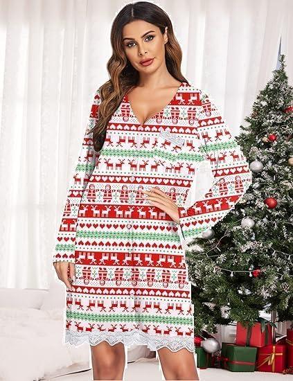 imageEkouaer Womens Nightgown Striped Tee Long Sleeve Comfy Sleep Nightshirt Button Down Pajama DressRed