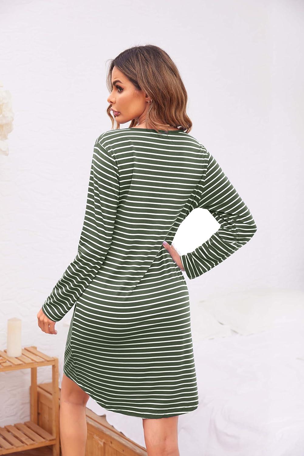 imageEkouaer Womens Nightshirt Long Sleeve Button Down Nightgown VNeck Sleepwear Casual Pajama DressArmy Green Striped