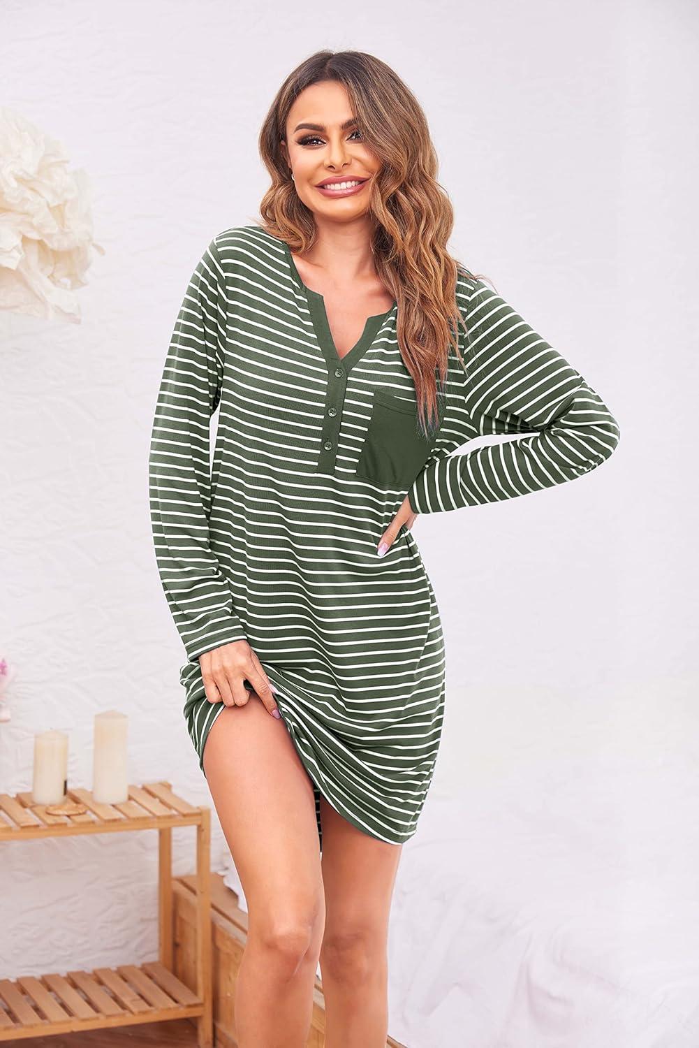 imageEkouaer Womens Nightshirt Long Sleeve Button Down Nightgown VNeck Sleepwear Casual Pajama DressArmy Green Striped