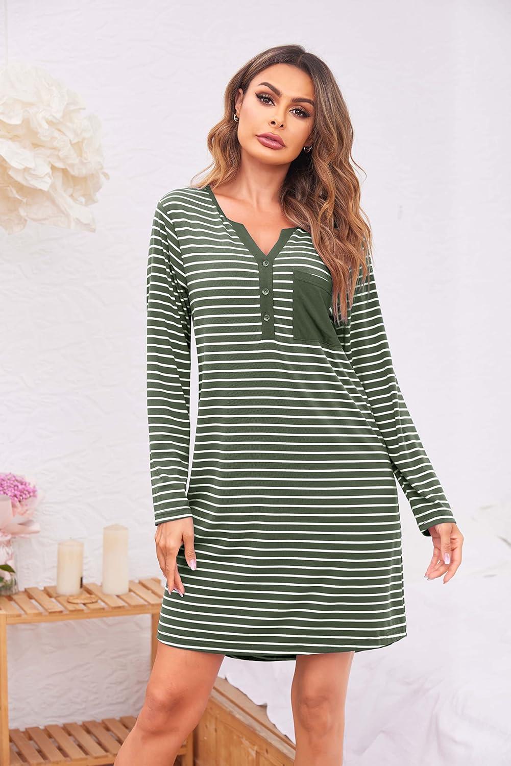 imageEkouaer Womens Nightshirt Long Sleeve Button Down Nightgown VNeck Sleepwear Casual Pajama DressArmy Green Striped