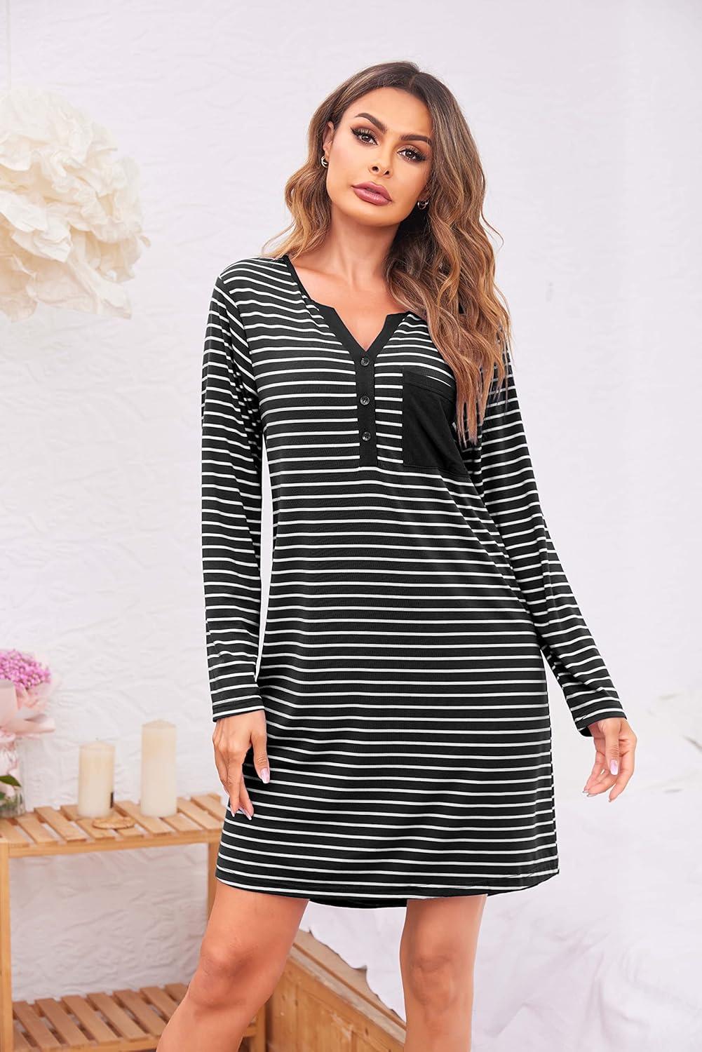 imageEkouaer Womens Nightshirt Long Sleeve Button Down Nightgown VNeck Sleepwear Casual Pajama DressBlack Striped