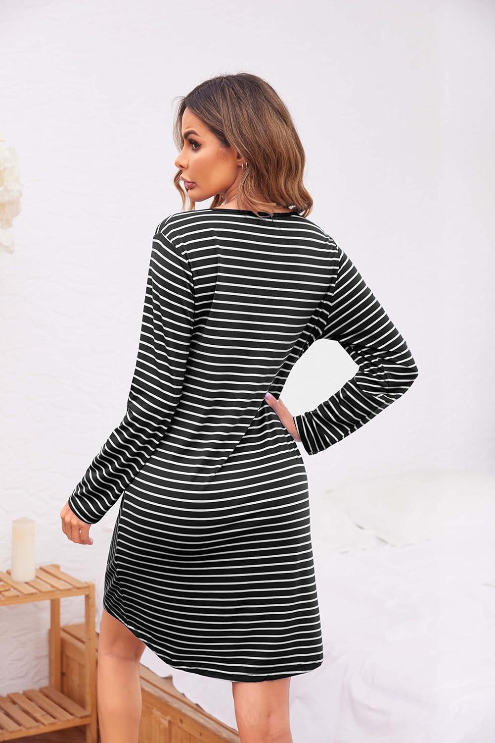 imageEkouaer Womens Nightshirt Long Sleeve Button Down Nightgown VNeck Sleepwear Casual Pajama DressBlack Striped
