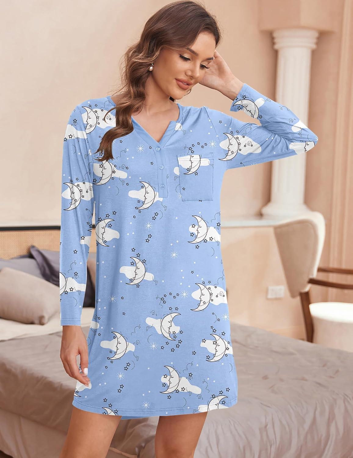 imageEkouaer Womens Nightshirt Long Sleeve Button Down Nightgown VNeck Sleepwear Casual Pajama DressBlue Stars Print