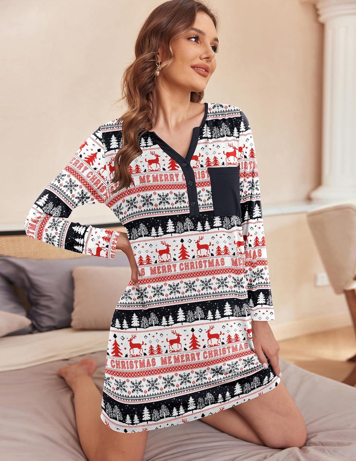 imageEkouaer Womens Nightshirt Long Sleeve Button Down Nightgown VNeck Sleepwear Casual Pajama DressChristmas Print