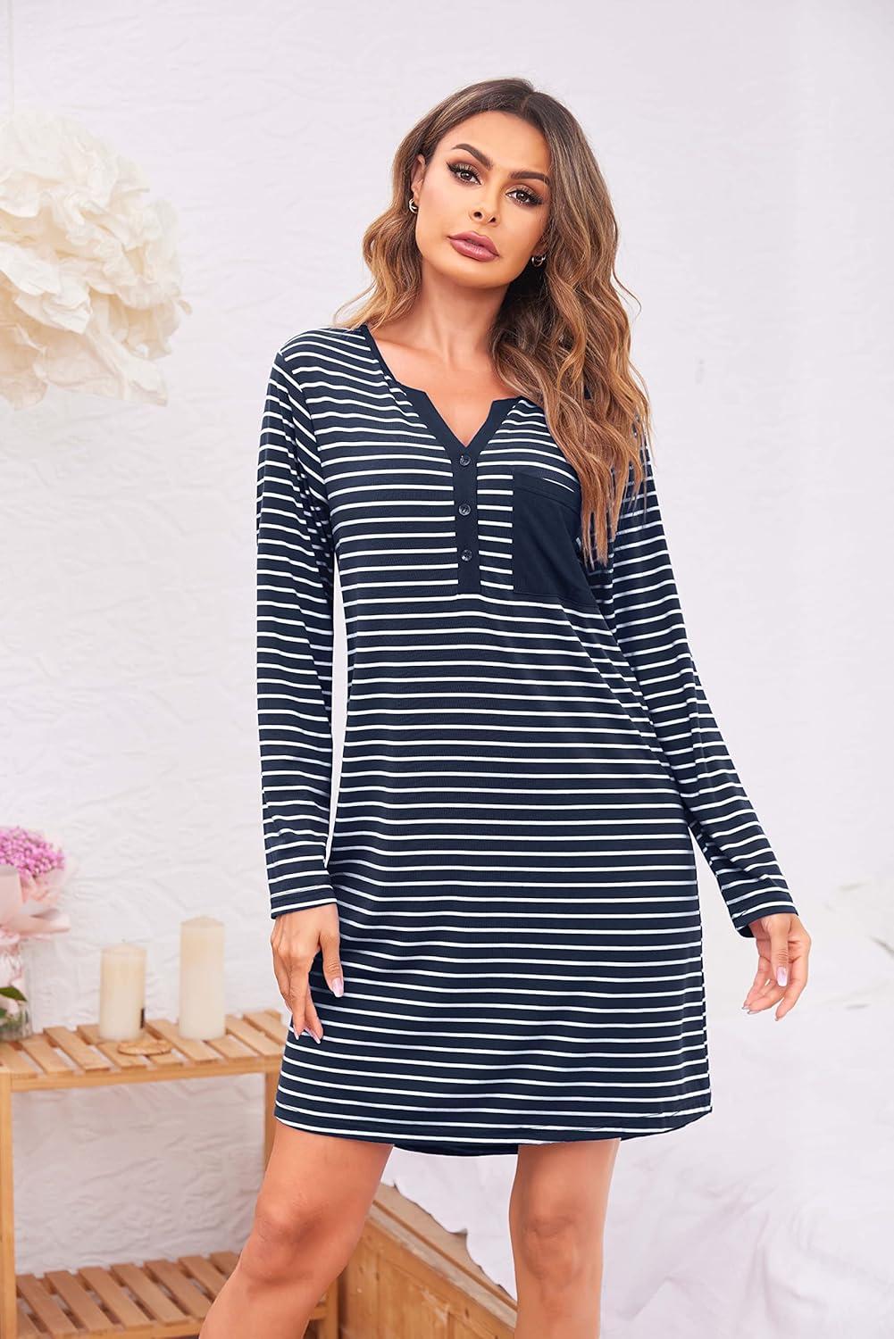 imageEkouaer Womens Nightshirt Long Sleeve Button Down Nightgown VNeck Sleepwear Casual Pajama DressDark Blue Striped
