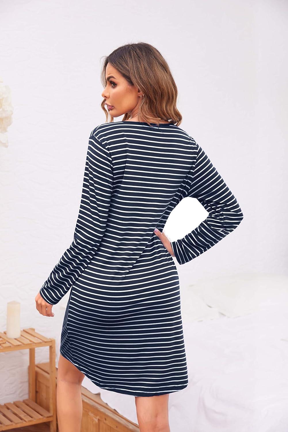 imageEkouaer Womens Nightshirt Long Sleeve Button Down Nightgown VNeck Sleepwear Casual Pajama DressDark Blue Striped