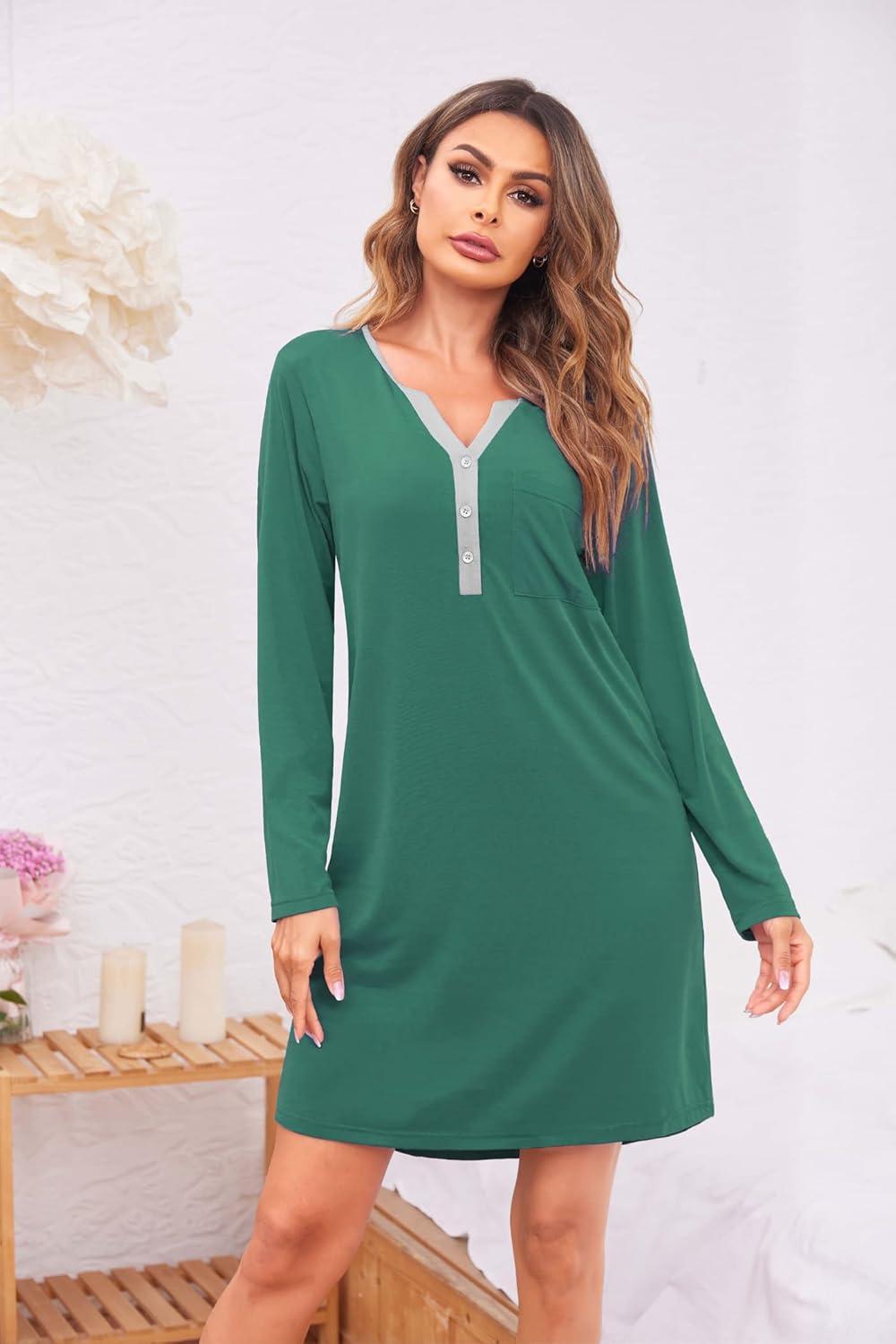 imageEkouaer Womens Nightshirt Long Sleeve Button Down Nightgown VNeck Sleepwear Casual Pajama DressGreen