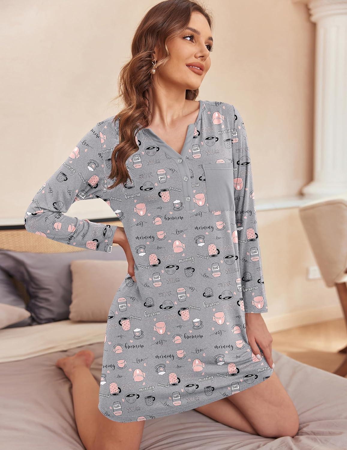imageEkouaer Womens Nightshirt Long Sleeve Button Down Nightgown VNeck Sleepwear Casual Pajama DressGrey Coffee Print