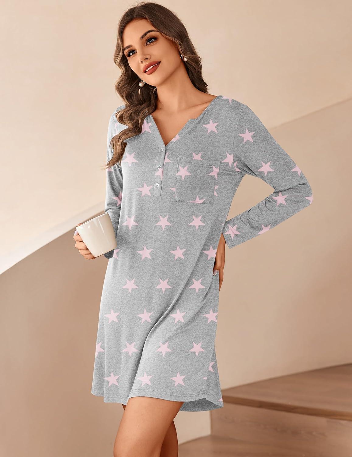 imageEkouaer Womens Nightshirt Long Sleeve Button Down Nightgown VNeck Sleepwear Casual Pajama DressGrey Stars Print