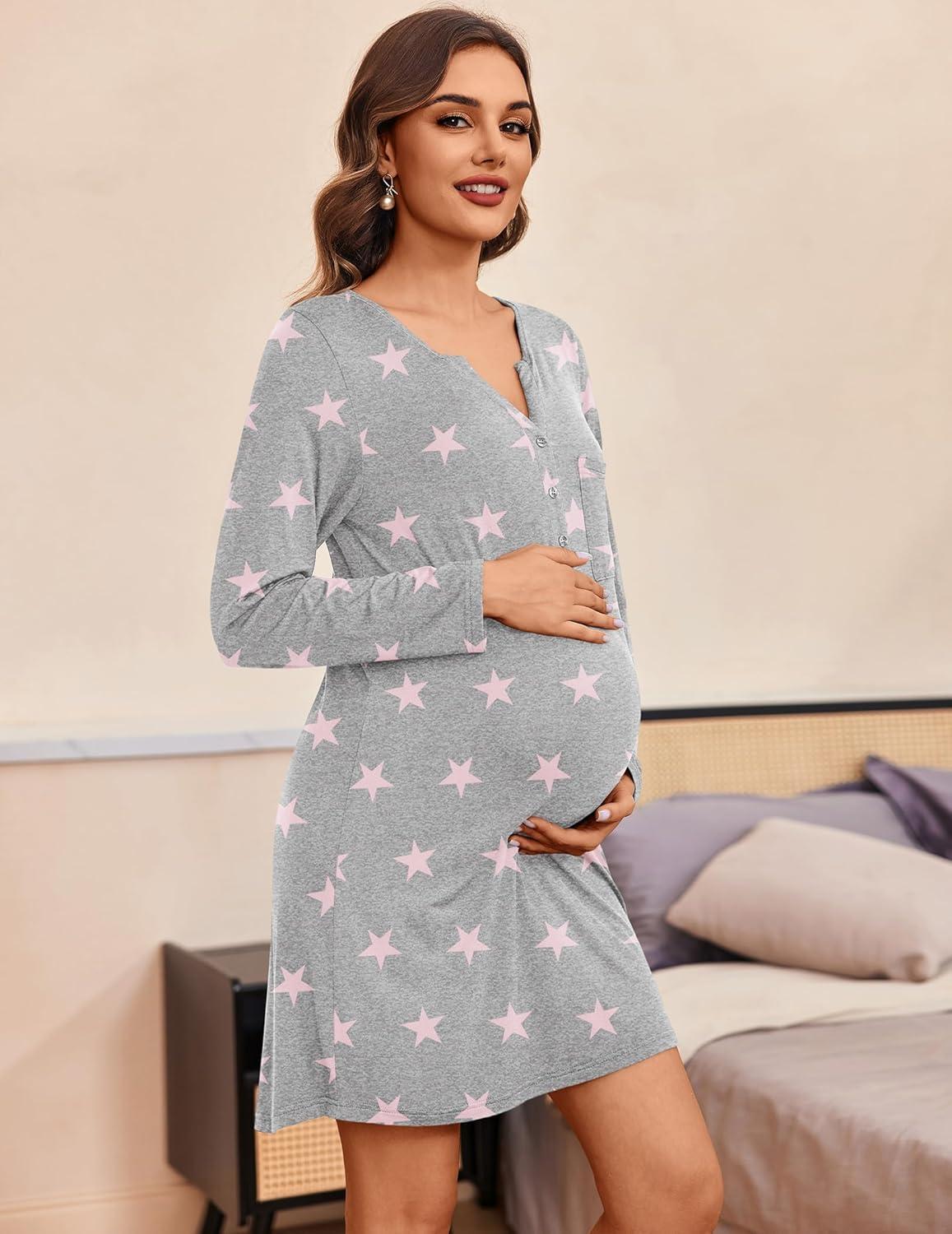 imageEkouaer Womens Nightshirt Long Sleeve Button Down Nightgown VNeck Sleepwear Casual Pajama DressGrey Stars Print