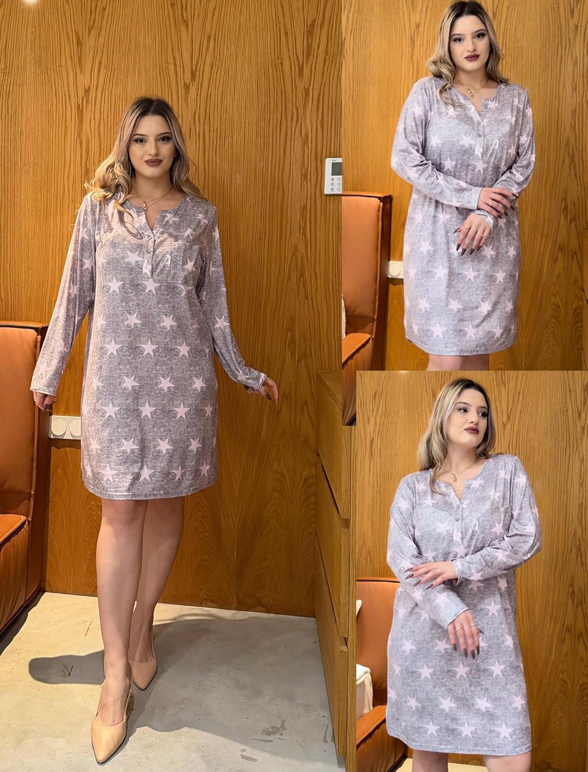 imageEkouaer Womens Nightshirt Long Sleeve Button Down Nightgown VNeck Sleepwear Casual Pajama DressGrey Stars Print