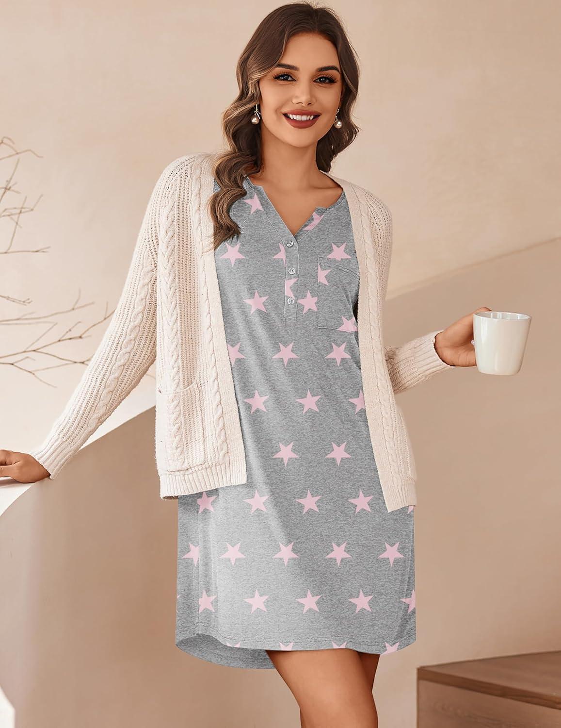 imageEkouaer Womens Nightshirt Long Sleeve Button Down Nightgown VNeck Sleepwear Casual Pajama DressGrey Stars Print