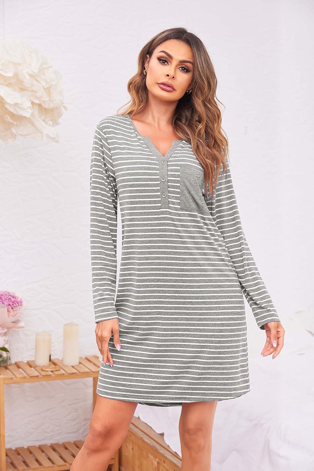 imageEkouaer Womens Nightshirt Long Sleeve Button Down Nightgown VNeck Sleepwear Casual Pajama DressLight Grey Striped