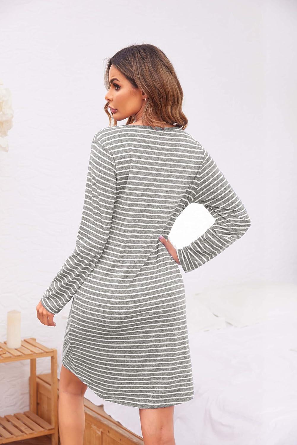 imageEkouaer Womens Nightshirt Long Sleeve Button Down Nightgown VNeck Sleepwear Casual Pajama DressLight Grey Striped