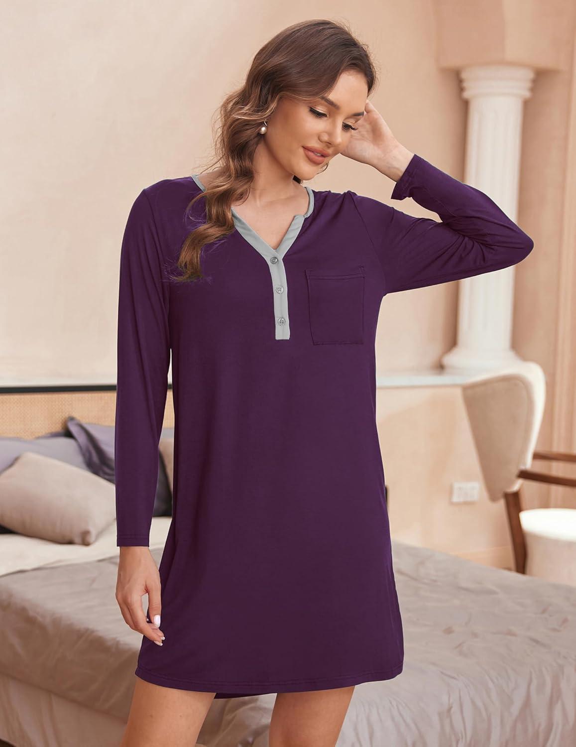 imageEkouaer Womens Nightshirt Long Sleeve Button Down Nightgown VNeck Sleepwear Casual Pajama DressPurple