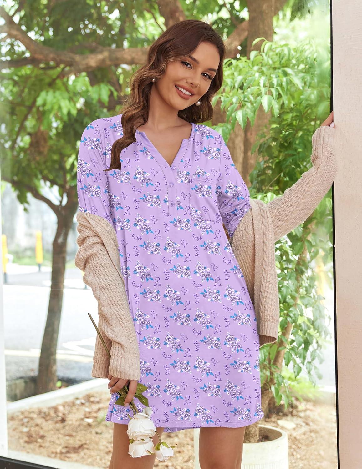 imageEkouaer Womens Nightshirt Long Sleeve Button Down Nightgown VNeck Sleepwear Casual Pajama DressPurple Floral