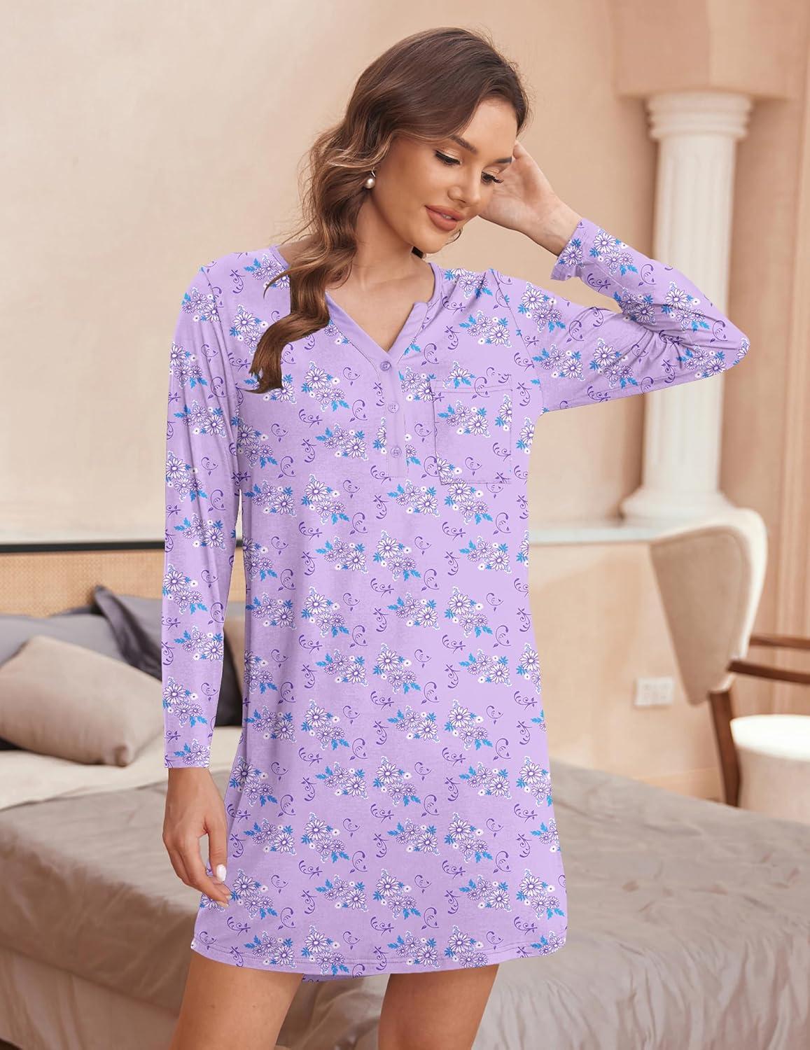 imageEkouaer Womens Nightshirt Long Sleeve Button Down Nightgown VNeck Sleepwear Casual Pajama DressPurple Floral