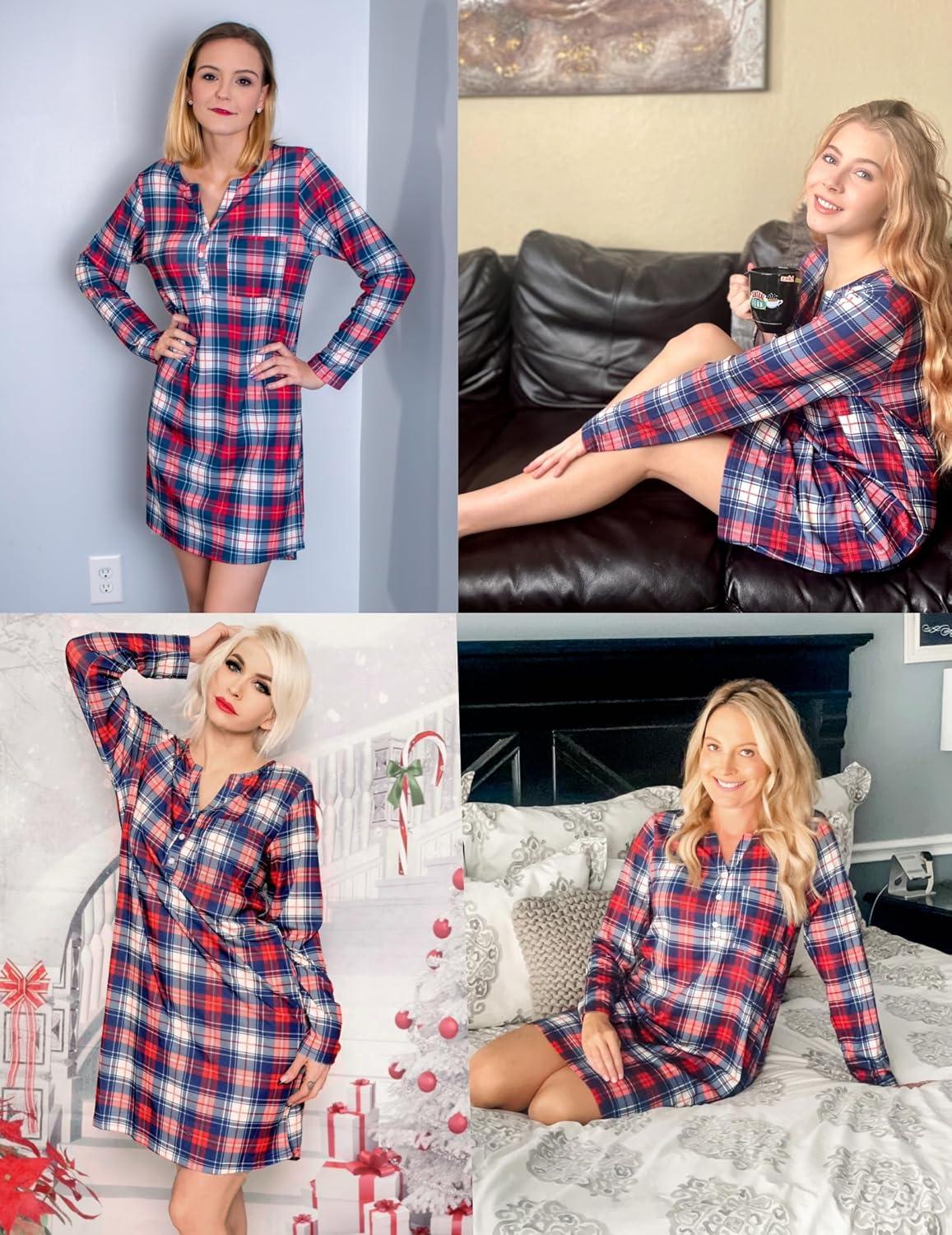 imageEkouaer Womens Nightshirt Long Sleeve Button Down Nightgown VNeck Sleepwear Casual Pajama DressRed Checkered