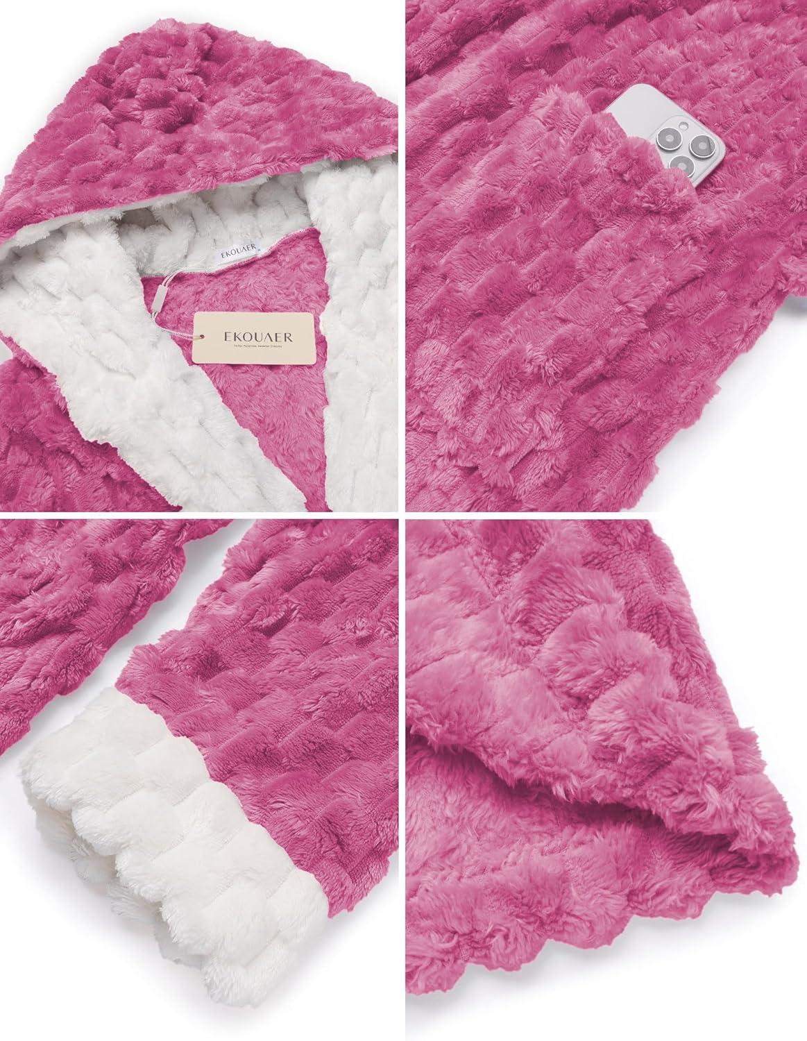 imageEkouaer Womens Plush Robes Long Soft Jacquard Fluffy Bathrobe Hooded Robe Sleepwear with PocketsPeach Pink