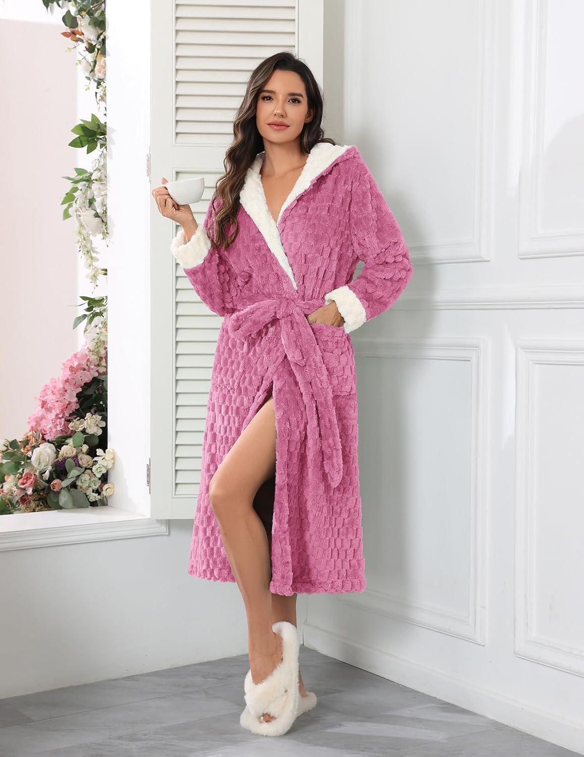 imageEkouaer Womens Plush Robes Long Soft Jacquard Fluffy Bathrobe Hooded Robe Sleepwear with PocketsPeach Pink