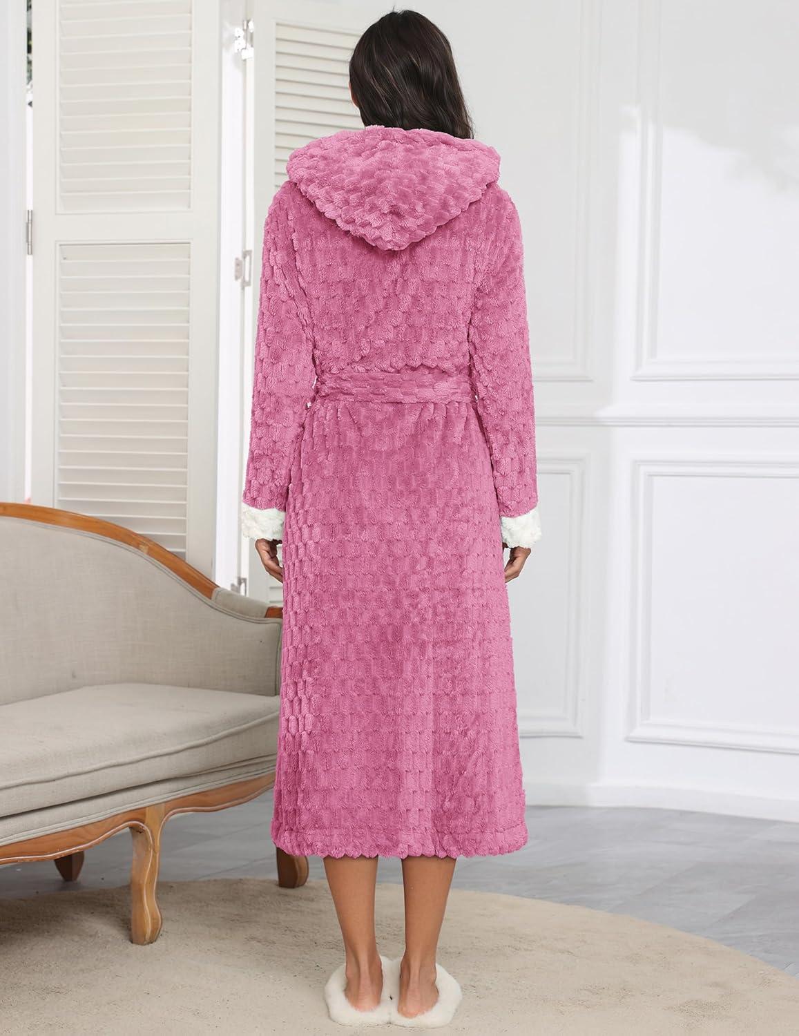 imageEkouaer Womens Plush Robes Long Soft Jacquard Fluffy Bathrobe Hooded Robe Sleepwear with PocketsPeach Pink