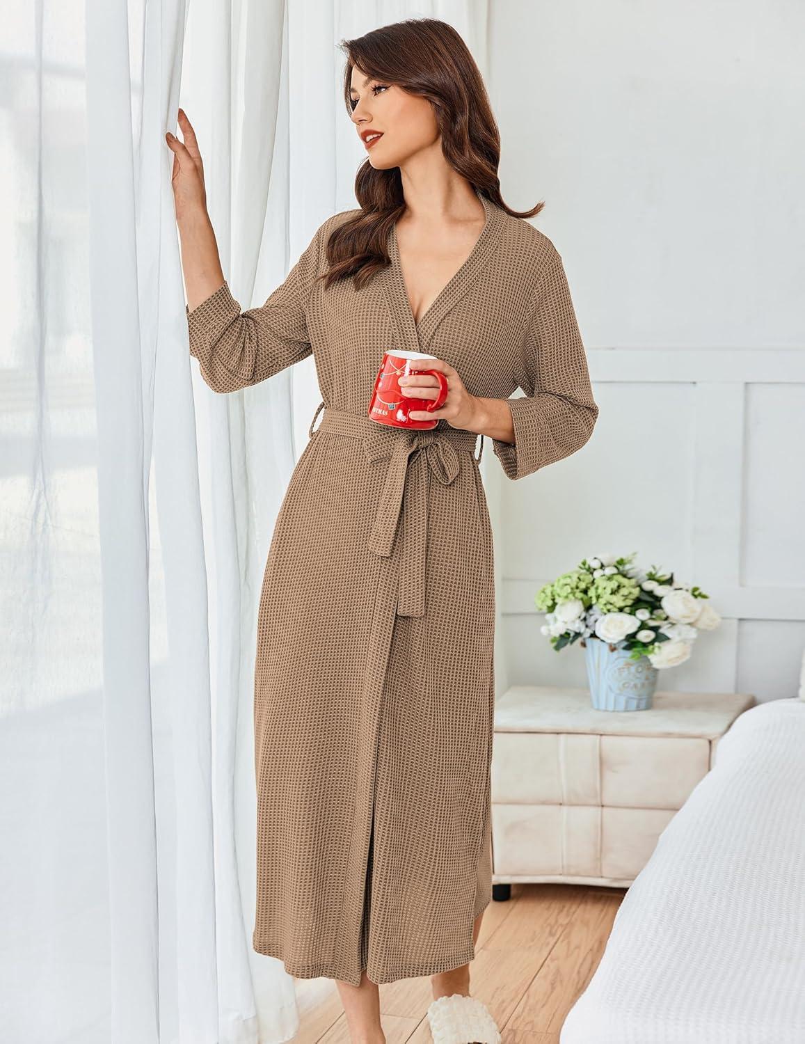 imageEkouaer Womens Robe Long Waffle Knit Bathrobe Lightweight Soft Kimono Robes Loungewear SXXLBig Wafflekhaki