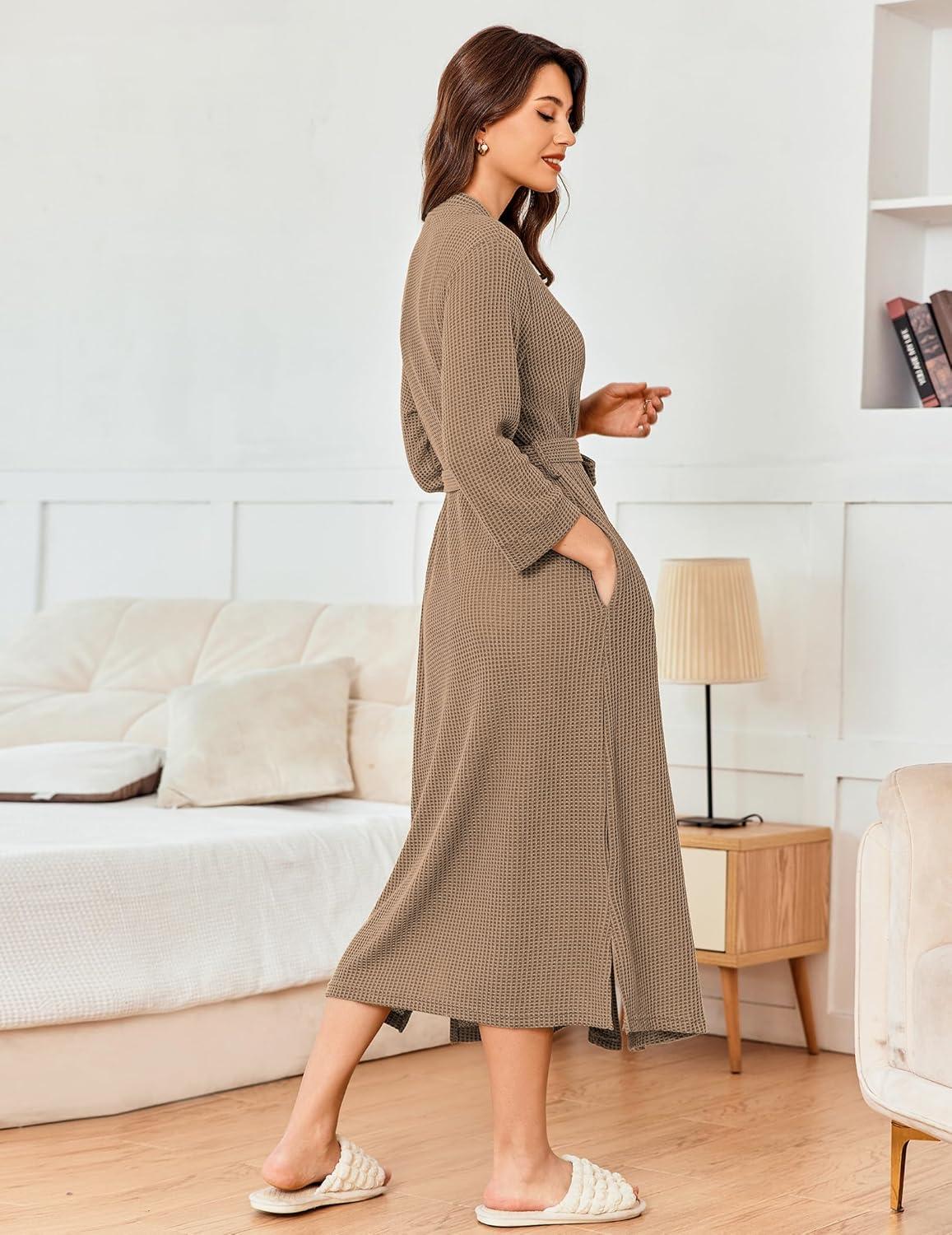 imageEkouaer Womens Robe Long Waffle Knit Bathrobe Lightweight Soft Kimono Robes Loungewear SXXLBig Wafflekhaki