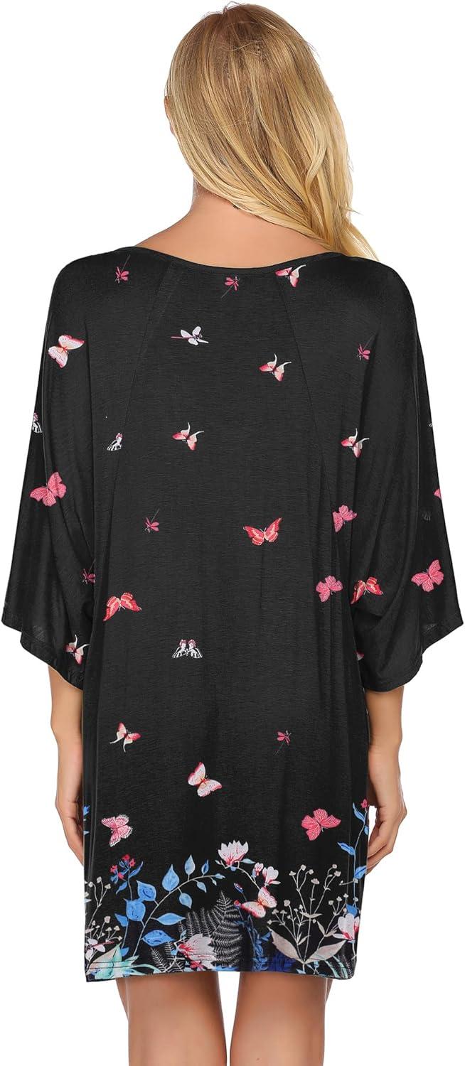 imageEkouaer Womens Sleepshirt Deep V Neck Nightgown Batwing Nightshirt Oversized SleepwearBlack