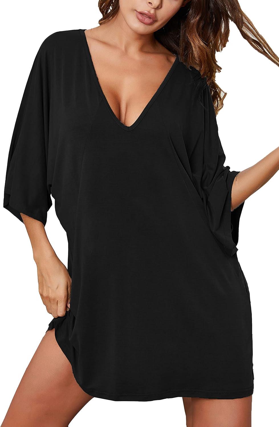 imageEkouaer Womens Sleepshirt Deep V Neck Nightgown Batwing Nightshirt Oversized SleepwearBlack
