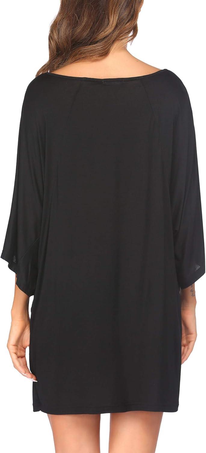 imageEkouaer Womens Sleepshirt Deep V Neck Nightgown Batwing Nightshirt Oversized SleepwearBlack