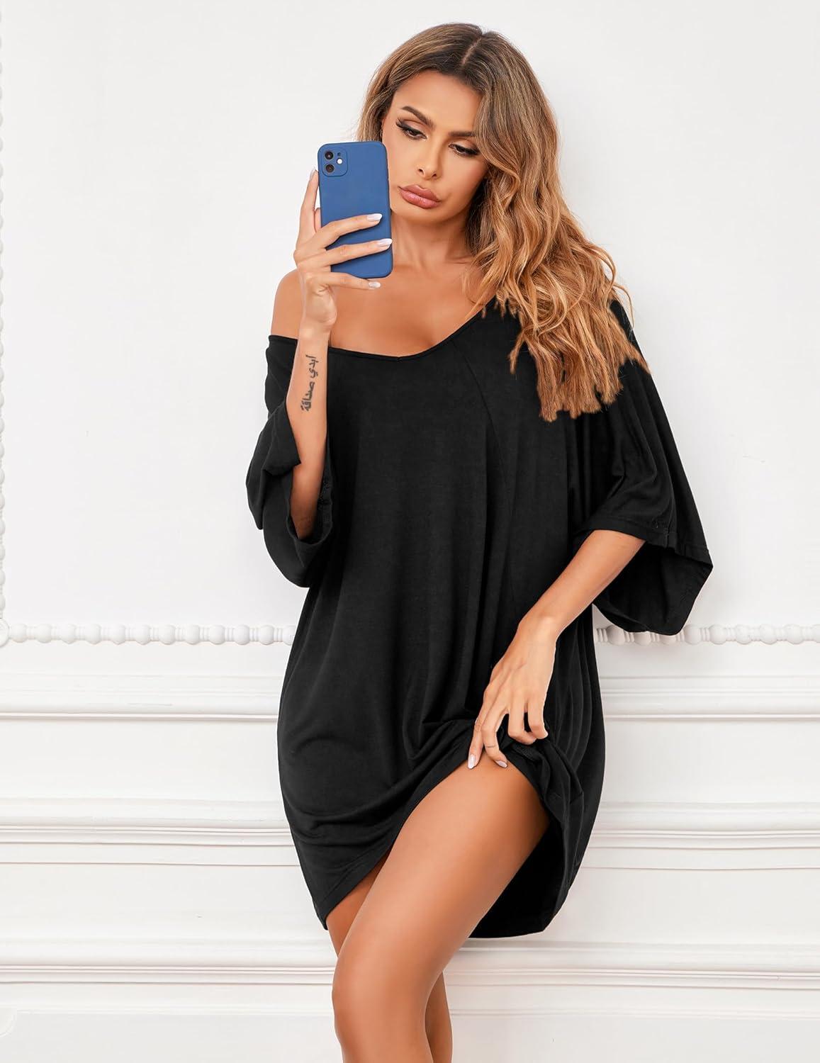imageEkouaer Womens Sleepshirt Deep V Neck Nightgown Batwing Nightshirt Oversized SleepwearBlack