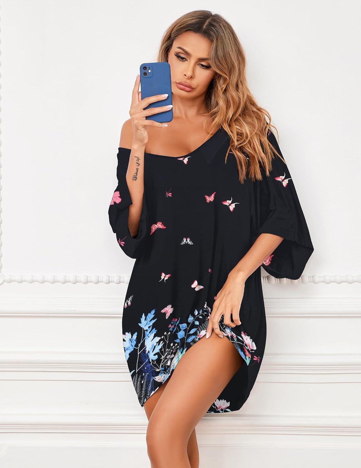 imageEkouaer Womens Sleepshirt Deep V Neck Nightgown Batwing Nightshirt Oversized SleepwearBlack Butterfly