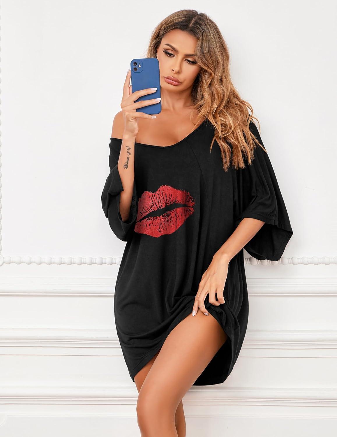 imageEkouaer Womens Sleepshirt Deep V Neck Nightgown Batwing Nightshirt Oversized SleepwearBlack Lipprint