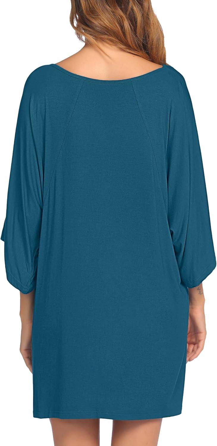 imageEkouaer Womens Sleepshirt Deep V Neck Nightgown Batwing Nightshirt Oversized SleepwearBlue Green