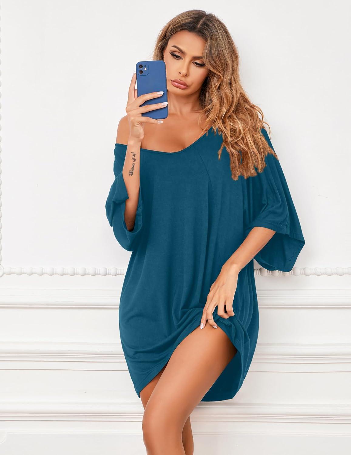 imageEkouaer Womens Sleepshirt Deep V Neck Nightgown Batwing Nightshirt Oversized SleepwearBlue Green